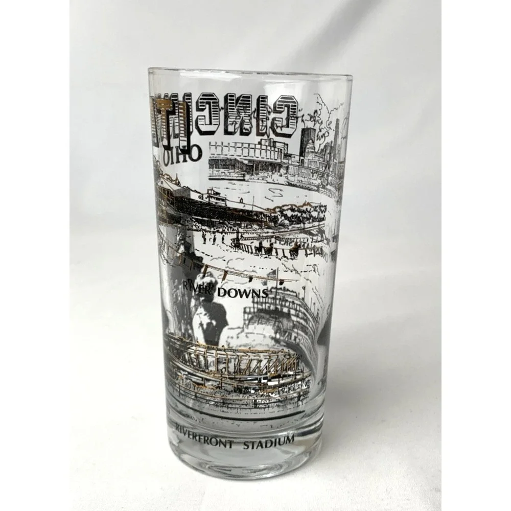 Cincinnati‎ Ohio Highball Tumbler Glass Vintage Landmarks MCM Black Gold Barware